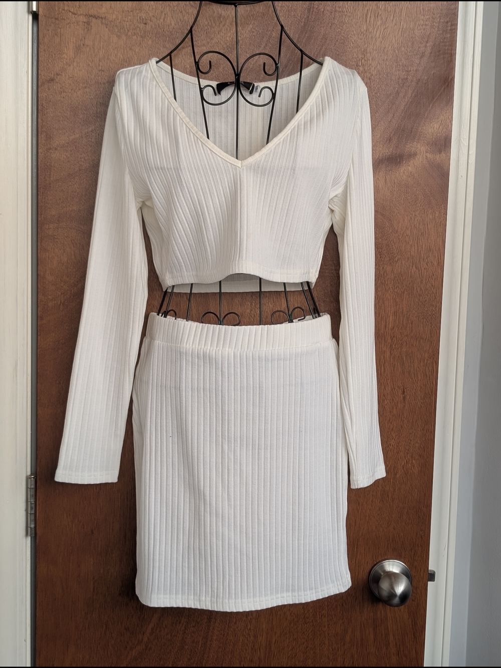 CBR Cream Ribbed V-Neck Crop Top & Pencil Skirt Set